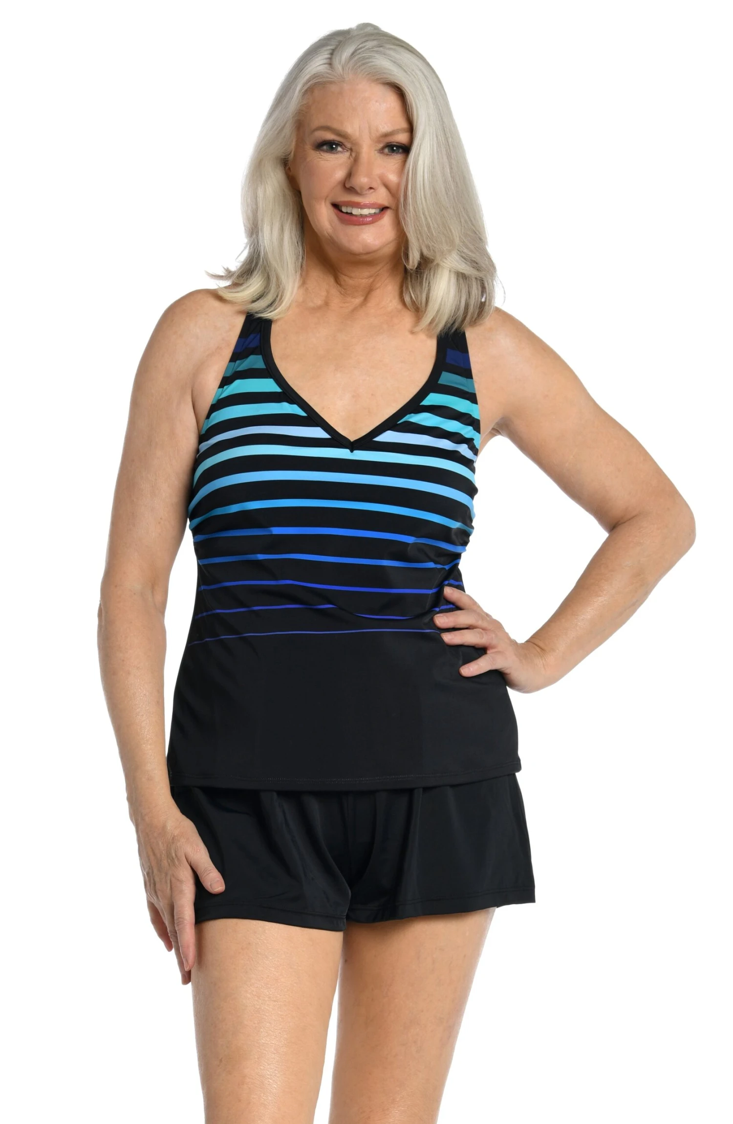 Gradient Stripe V-Neck Racer Back Tankini Top 1 Gradient Stripe V-Neck Racer Back Tankini Top