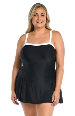 Solid Bandeau Princess Seam Swim Dress One Piece (Plus Size)