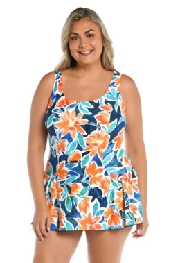 Joyful Blooms Princess Seam Swim Dress One Piece (Plus Size)