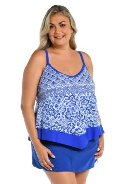 Grecian Tile Flutter Hem Tankini Top (Plus Size)