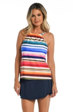 24th & Ocean Sunset Stripe Underwire High Neck Over The Shoulder Tankini Top