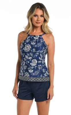 24th & Ocean Bali Batik Underwire High Neck Over The Shoulder Tankini Top